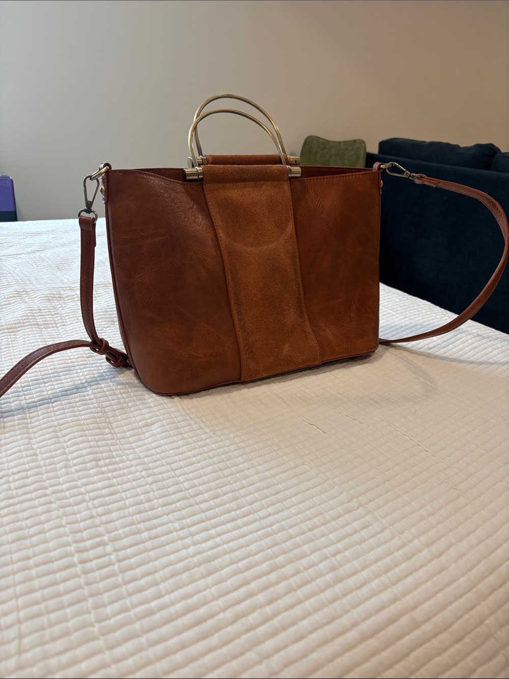 Madison West Cognac Brown Leather like  Shoulder Bag with Gold Handles